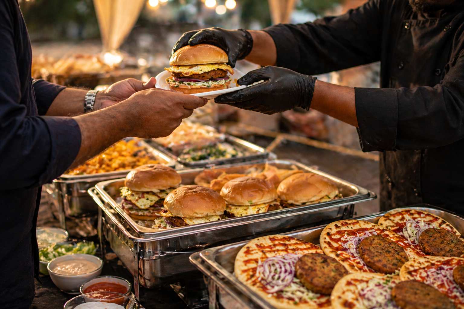 Catering spread with andaay wala burgers, naan, and shami kebab